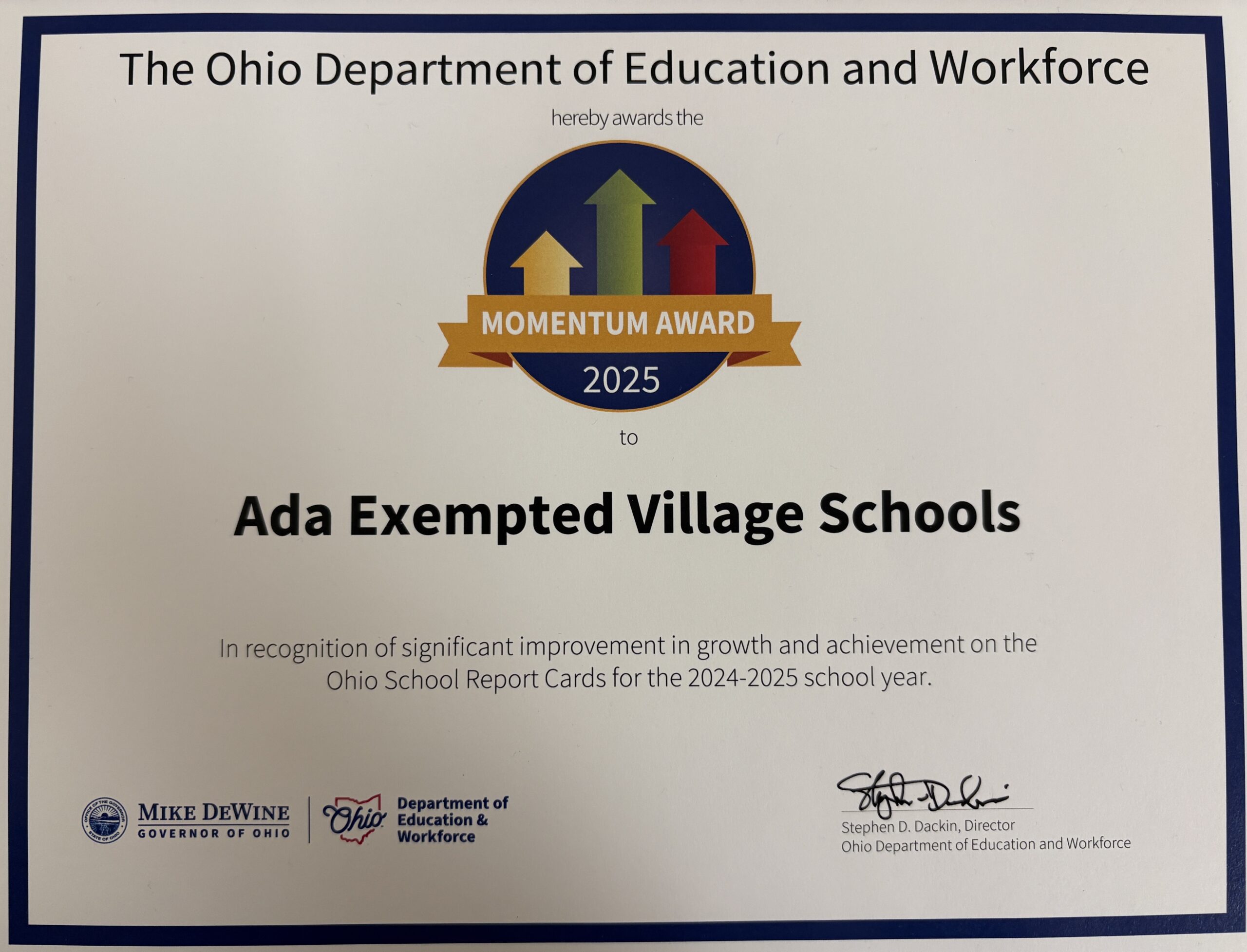 Ada Schools Among Ohio Districts to Earn Momentum Award