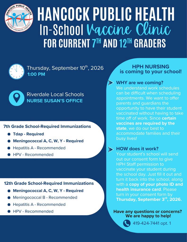 Hancock Public Health Vaccine Clinic Set for Riverdale Students September 10