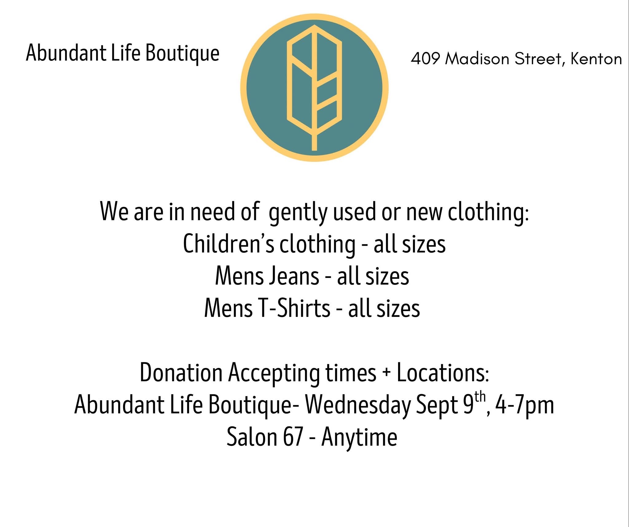 Abundant Life Boutique Seeking Children’s and Men’s Clothing